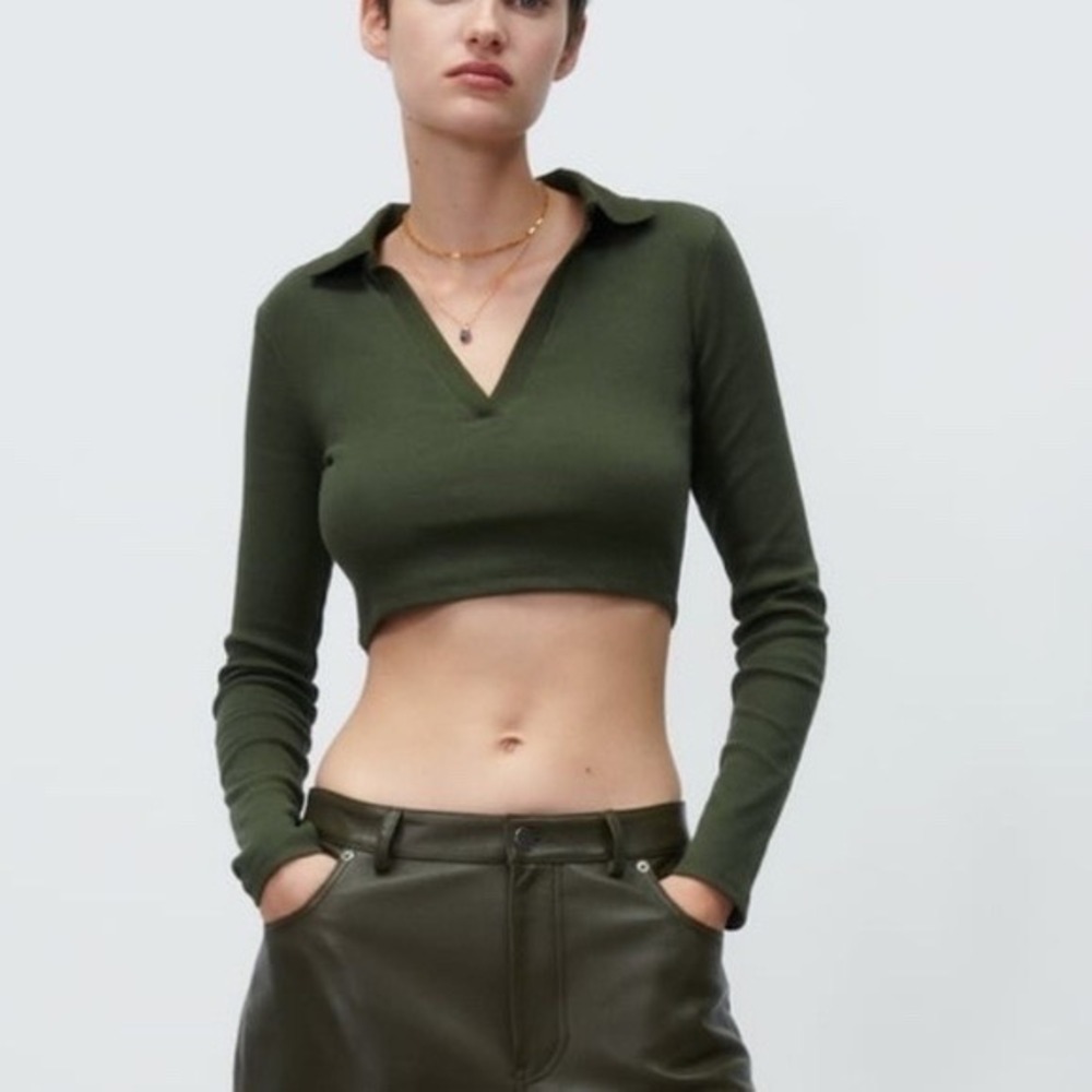 Zara Women Olive Green Ribbed Long Sleeve Cropped Polo V-Neck Top Size S
